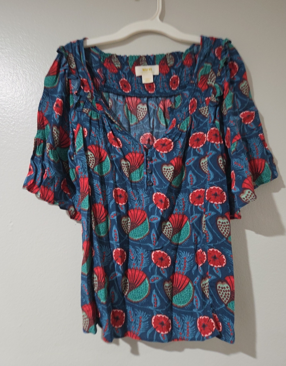 Maeve Blue Floral Peasant Top with Red Accents